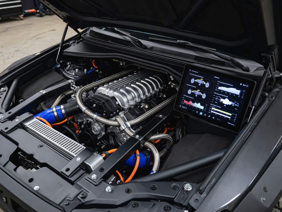 Engine bay and digital configuration display for Portalvibly custom 4x4 rig